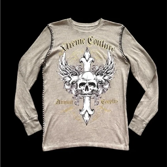 NWT Xtreme Couture Men's Small Tan Crew Neck Thermal With Skulls - Picture 3 of 8